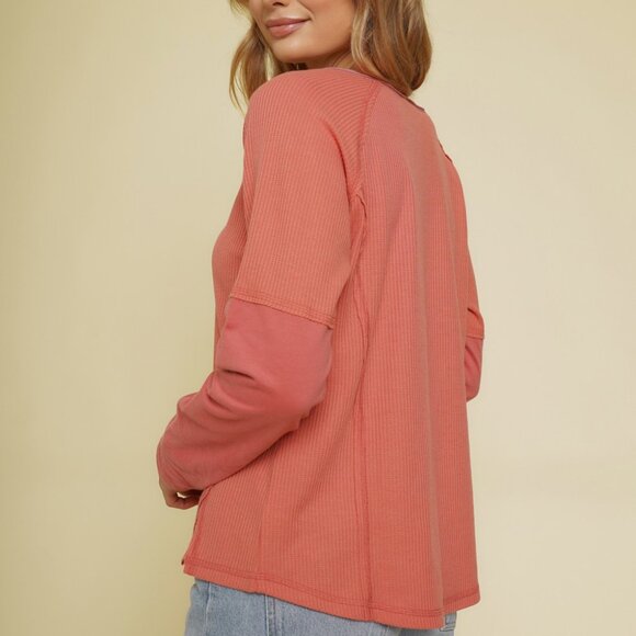 MYSTREE Waffle Knit Thermal Long Sleeve Top, Coral Pink, Casual Cozy Basic - Picture 6 of 7
